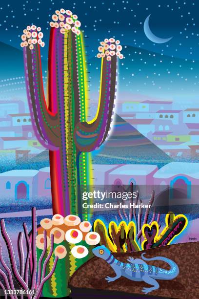 blue desert at night, saguaro cactus and village in distance landscape illustration - phoenix arizona cactus stock pictures, royalty-free photos & images