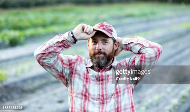 agriculteur debout dans le champ de nouvelles cultures, mettant un chapeau - met 2019 photos et images de collection