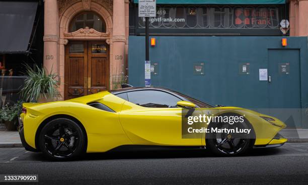 The Ferrari SF90 Stradale in Mayfair, London. The car shares its name with the Formula One car, with SF90 standing for the 90th anniversary of the...