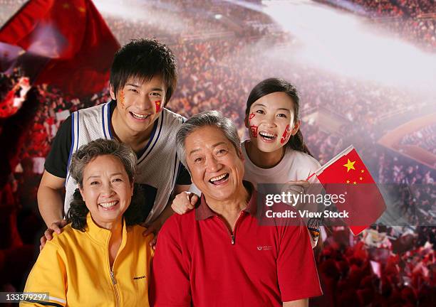 family in stadium and cheering - chinese flag bildbanksfoton och bilder