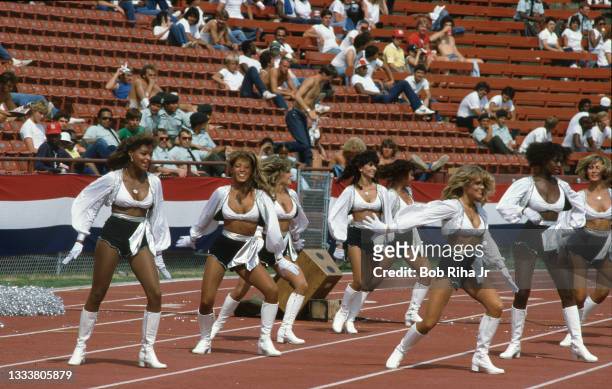 Los Angeles Raiders cheerleaders during game of Los Angeles Raiders against Miami Dolphins, August 19, 1984 in Los Angeles, California.