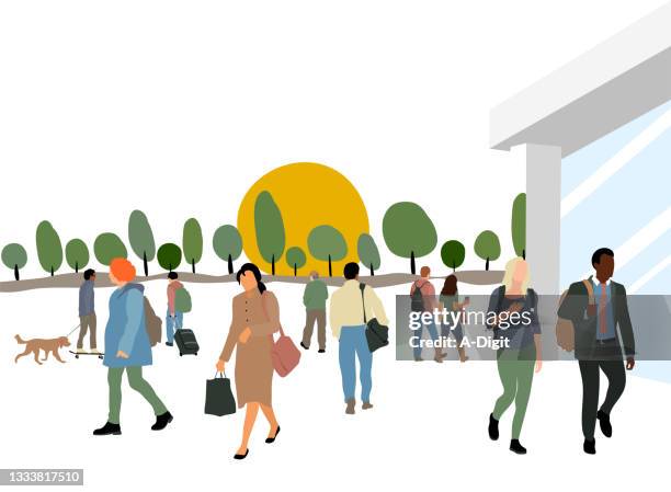 very large crowd flat design sunset - commuter stock illustrations