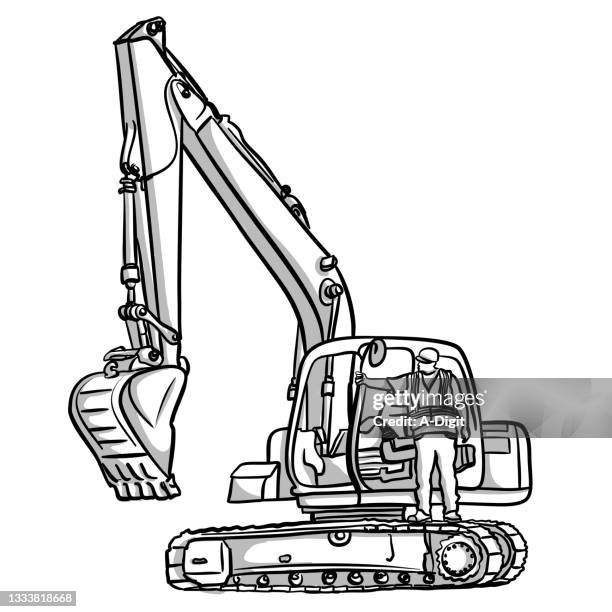 backhoe and construction worker standing - construction worker training stock illustrations