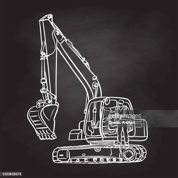 backhoe and construction worker standing chalkboard - vehicle scoop stock illustrations