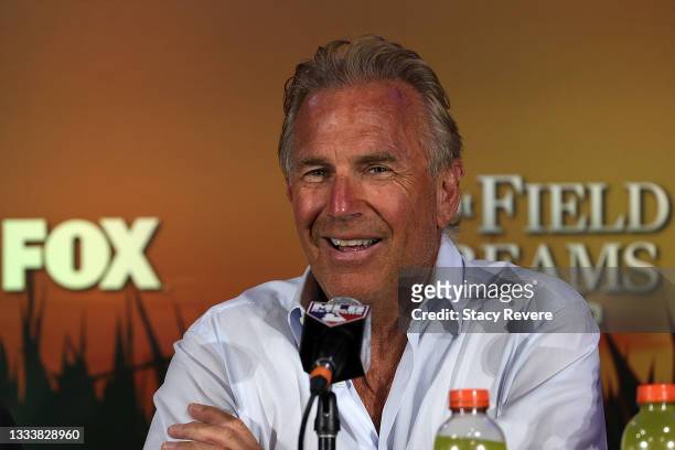 Actor Kevin Costner speaks with the media prior to a game between the Chicago White Sox and the New York Yankees at the Field of Dreams on August 12,...