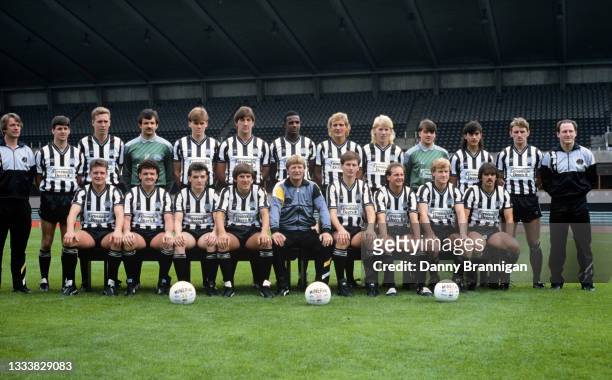 The Newcastle United First Team squad line up ahead of the 1986/87 season at St James' Park in July 1986 in Newcastle upon Tyne, England, front row...