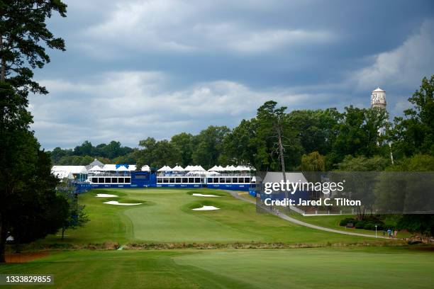 General view of the 18th fairway and green is seen during the first round of the Wyndham Championship at Sedgefield Country Club on August 12, 2021...