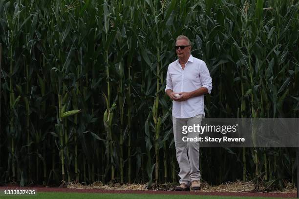Actor Kevin Costner walks onto the field prior to a game between the Chicago White Sox and the New York Yankees at the Field of Dreams on August 12,...