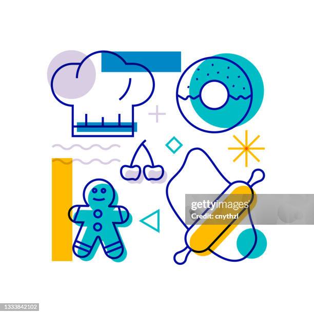 bakery related design element. pattern design with outline icons. colorful vector illustration - artisan bread stock illustrations