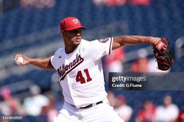 Joe Ross of the Washington Nationals pitches against the Philadelphia Phillies at Nationals Park on August 05, 2021 in Washington, DC.