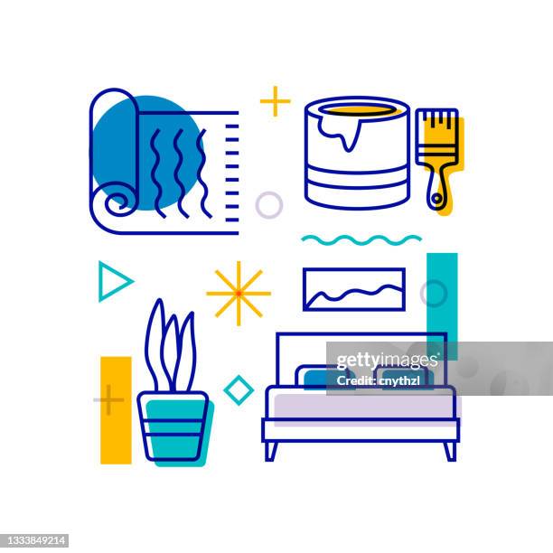 home decoration and interior design related design element. pattern design with outline icons. colorful vector illustration - bathroom interior design stock illustrations