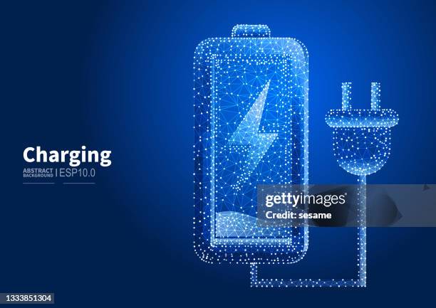 battery charging, energy, vector abstract low polygonal point lines connected plug and battery background - lightening bolt backgrounds stock illustrations