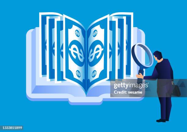 knowledge is money, the businessman found the paper money in the book with a magnifying glass - intellectual property stock illustrations