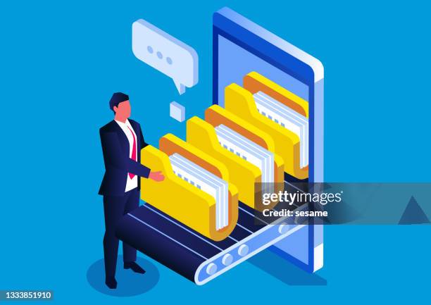 ilustrações de stock, clip art, desenhos animados e ícones de online file transfer, the isometric businessman puts the folder on the transfer belt of the smartphone and performs file transfer and storage - server illustration