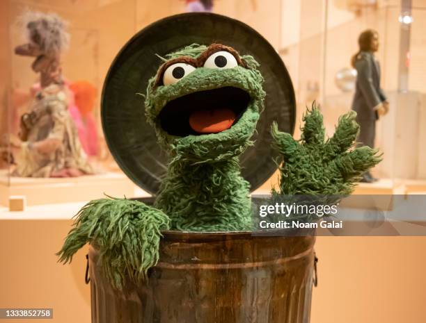 Oscar the Grouch puppet is displayed at the "Puppets of New York" exhibition at Museum of the City of New York on August 12, 2021 in New York City.
