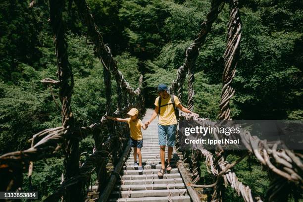 father and daughter walking on vine bridge, iya valley, japan - iya valley stock pictures, royalty-free photos & images