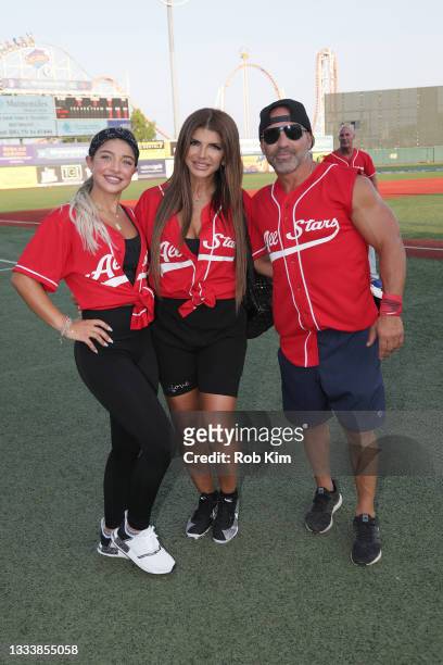 Gia Giudice, Teresa Giudice and Joe Gorga of The Real Housewives of New Jersey attend the 2021 Battle for Brooklyn celebrity softball game at...