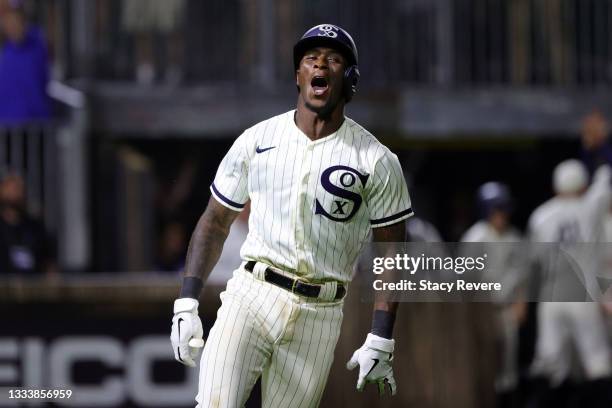 Tim Anderson of the Chicago White Sox celebrates a walk off two run home run during the ninth inning against the New York Yankees at the Field of...