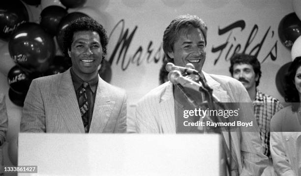 Actors Philip Michael Thomas and Don Johnson of the hit television series 'Miami Vice' speaks during a press conference during 'Miami Vice Day' at...