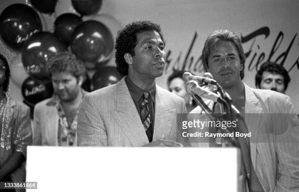 Actors Philip Michael Thomas and Don Johnson of the hit television series 'Miami Vice' speaks during a press conference during 'Miami Vice Day' at...