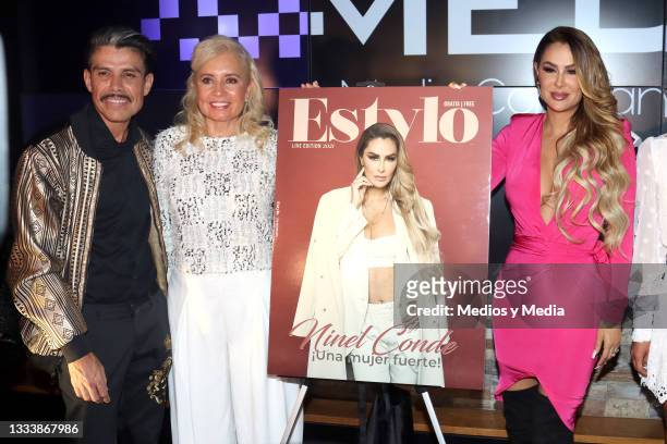 Gustavo Matta, Carla Estrada and Ninel Conde attend the presentation of 'Estylo' Magazine at Business Club and Bar on August 12, 2021 in Mexico City,...