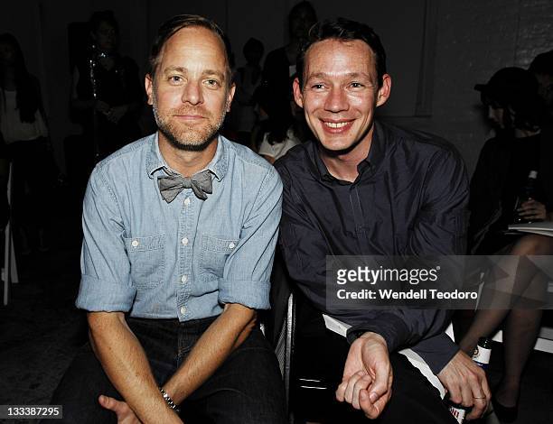 Writers Bruce Pask and Eric Wilson of the New York Times attend the Robert Geller Spring 2009 show at 599 11th Avenue on September 5, 2008 in New...
