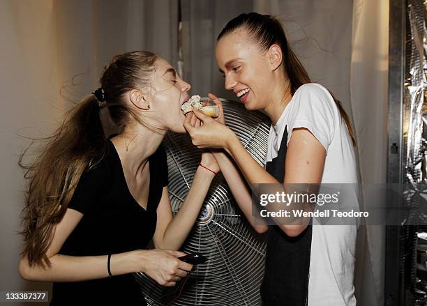 Models backstage at the Patrik Rzepski Spring 2009 show at The Caledonia on September 4, 2008 in New York City.