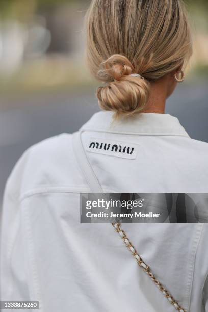 Scarlett Gartmann wearing Miu Miu beige jacket on August 07, 2021 in Dusseldorf, Germany.