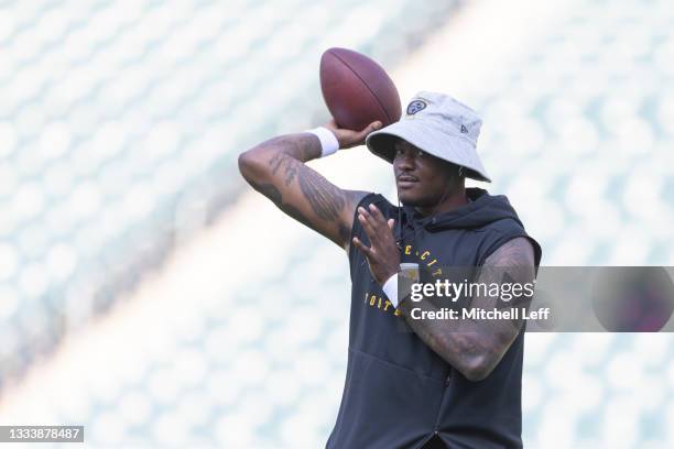 Dwayne Haskins of the Pittsburgh Steelers warms up prior to the preseason game against the Philadelphia Eagles game at Lincoln Financial Field on...
