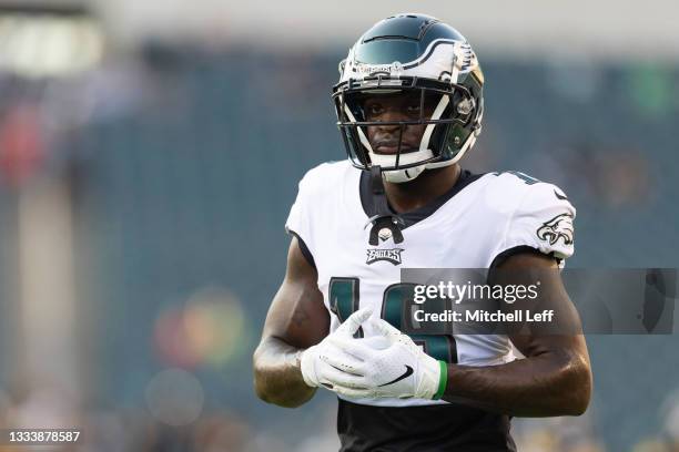 Jalen Reagor of the Philadelphia Eagles looks on prior to the preseason game against the Pittsburgh Steelers at Lincoln Financial Field on August 12,...