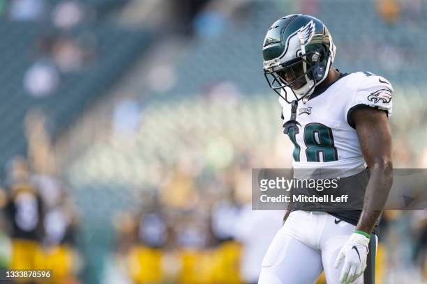 Jalen Reagor of the Philadelphia Eagles looks on prior to the preseason game against the Pittsburgh Steelers at Lincoln Financial Field on August 12,...
