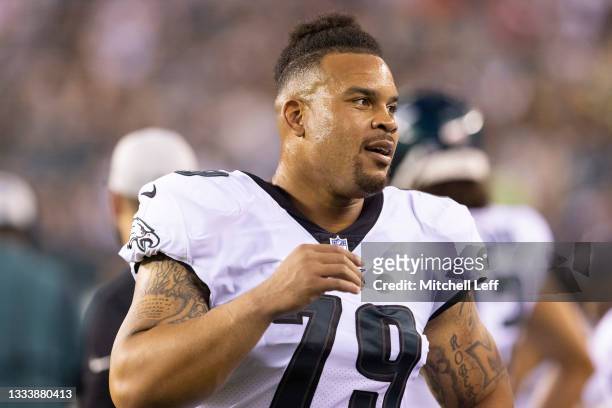Brandon Brooks of the Philadelphia Eagles looks on against the Pittsburgh Steelers during the preseason game at Lincoln Financial Field on August 12,...
