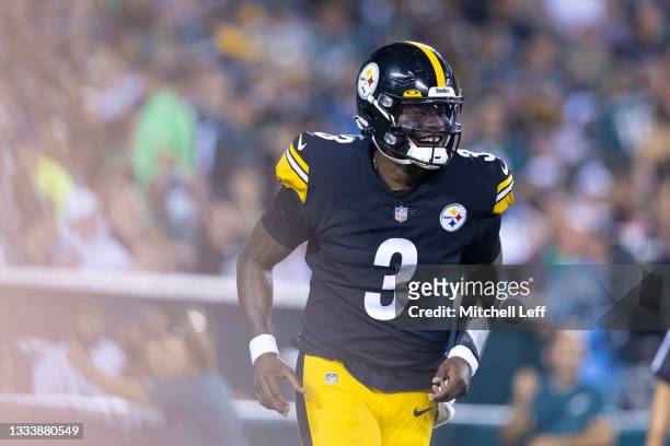 Dwayne Haskins of the Pittsburgh Steelers reacts against the Philadelphia Eagles during the preseason game at Lincoln Financial Field on August 12,...