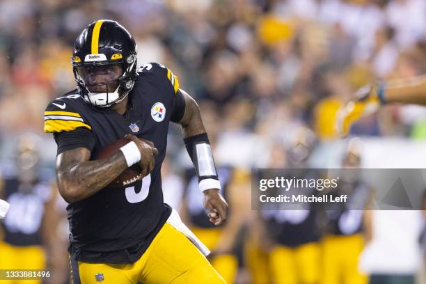 Dwayne Haskins of the Pittsburgh Steelers runs the ball against the Philadelphia Eagles during the preseason game at Lincoln Financial Field on...