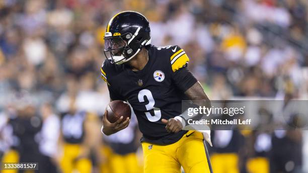 Dwayne Haskins of the Pittsburgh Steelers runs the ball against the Philadelphia Eagles during the preseason game at Lincoln Financial Field on...