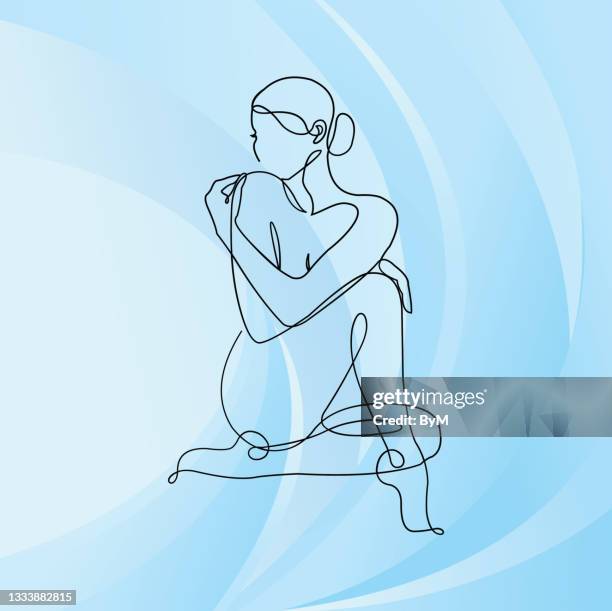 abstrakte frau kontinuierliche linienkunst und abstrakter blauer welliger hintergrund - single line stock-grafiken, -clipart, -cartoons und -symbole