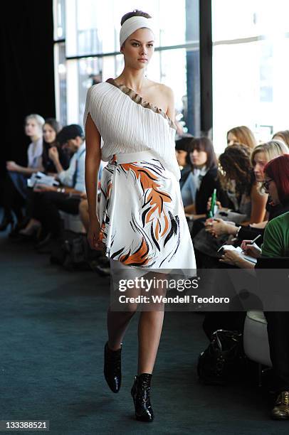 Model showcases an outift by designer Jayson Brunsdon on the catwalk on the fifth day of the Rosemount Australian Fashion Week Spring/Summer 2008/09...