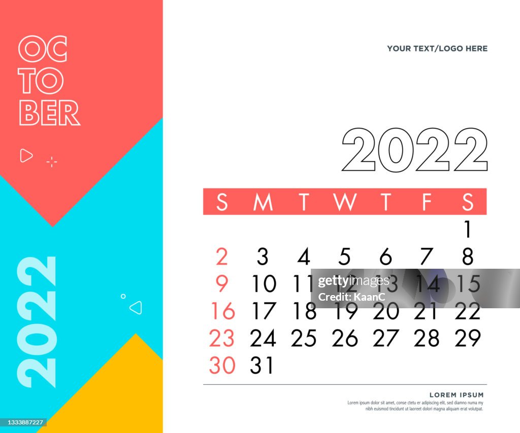 October 2022. Calendar 2022 design template week start on Sunday. Stock illustration