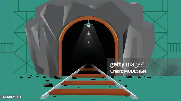 coal mine entrance with rails in the rock - tunnel stock illustrations