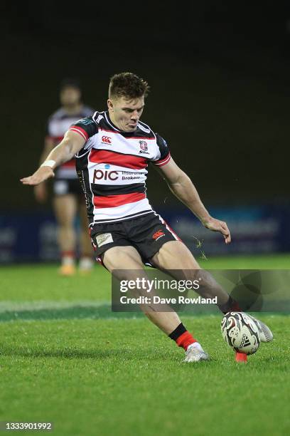 Jarrod Halliday of Counties kicks a penalty during the round two Bunnings NPC match between Counties Manukau and North Harbour at Navigation Homes...