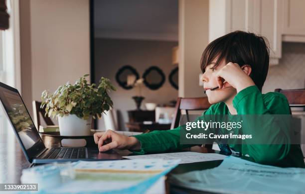 young boy doing on school work online on computer at kitchen table. - homework kitchen stock pictures, royalty-free photos & images