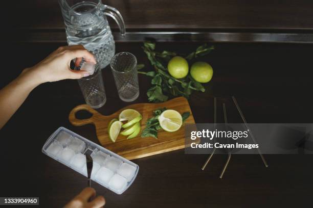 top view of woman's hand puts an ice cube in a glass for mojito - lemon lime top stock pictures, royalty-free photos & images