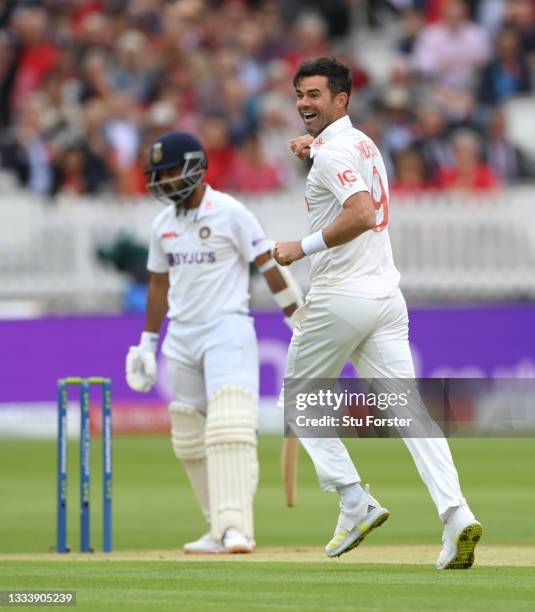 England bowler James Anderson celebrates after taking the wicket of India batsman Rahane on Ruth Strauss Foundation Day during day two of the Second...