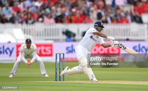 India wicketkeeper Rishabh Pant hits James Anderson to the boundary on Ruth Strauss Foundation Day during day two of the Second Test Match between...