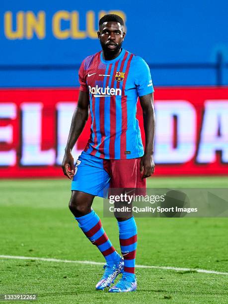 Samuel Umtiti of FC Barcelona looks on during the Joan Gamper Trophy match between FC Barcelona and Juventus at Estadi Johan Cruyff on August 08,...