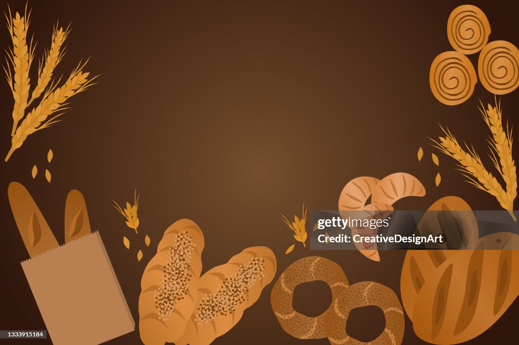 Different Kinds Of Bakery Items With Loafs, Baguettes, Croissants And Cinnamon Rolls Making A Frame With Copy Space.