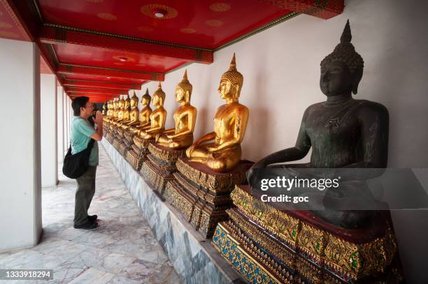 row of golden buddha statues in lotus position at wat pho temple, bangkok thailand - wat imagens e fotografias de stock