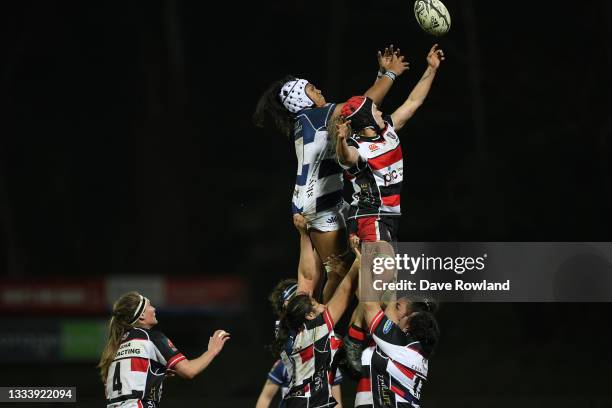 Tafito Lafaele of Auckland and Stacey Brown of Counties go for a line out ball during the round five Farah Palmer Cup match between Counties Manukau...