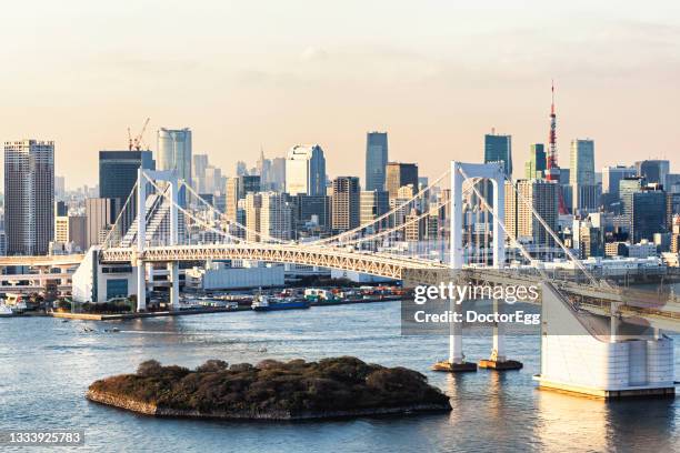 scenic view of rainbow bridge and tokyo tower at sunset, odaiba, tokyo, japan - odaiba tokyo stockfoto's en -beelden