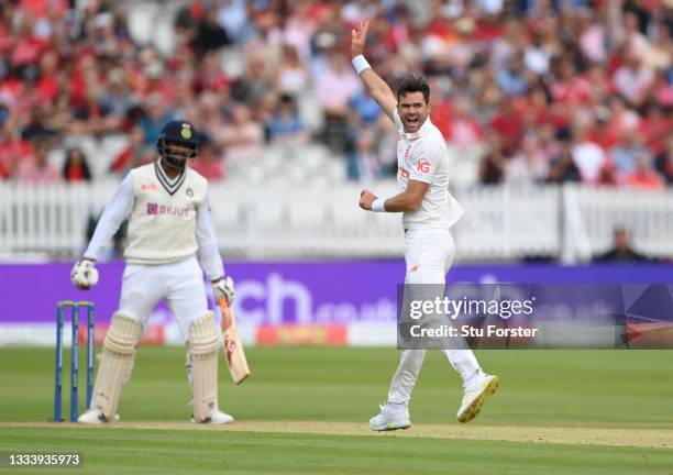 England bowler James Anderson celebrates after taking the wicket of India batsman Jasprit Bumrah on Ruth Strauss Foundation Day during day two of the...